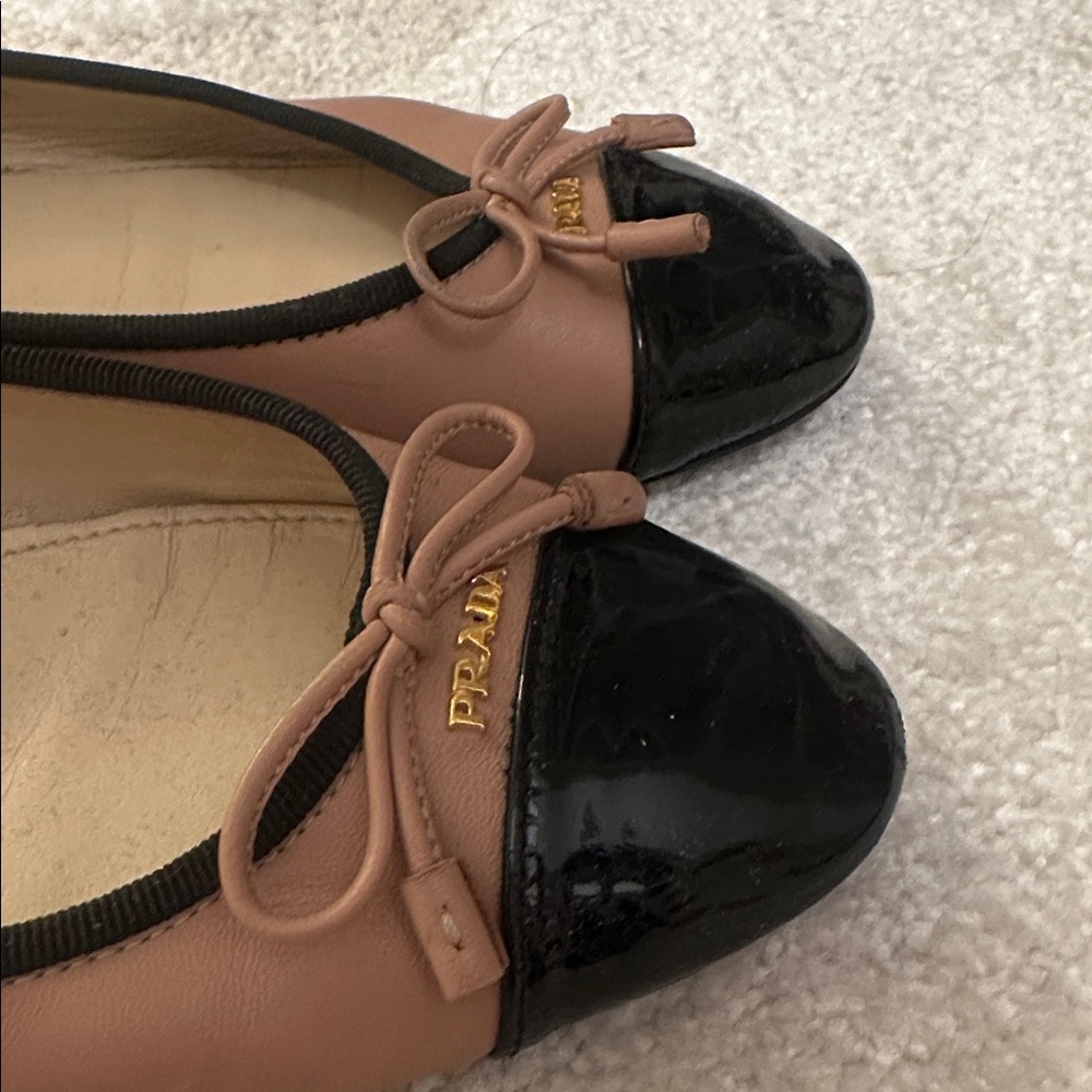 Prada Pink-Tan and Black Patent Cap-Toe Ballet Flats - Picture 2 of 6